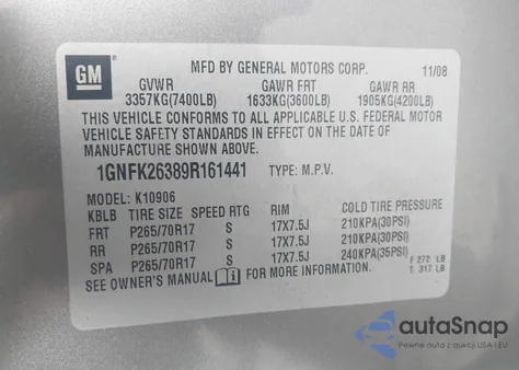 2009 Chevrolet Suburban 1500 Lt2 z USA, uszkodzony, nr VIN 1GNFK26389R161441